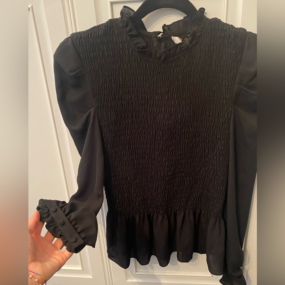 Black blouse WAYF with puff sleeve and antique bottoms for lovely detail
